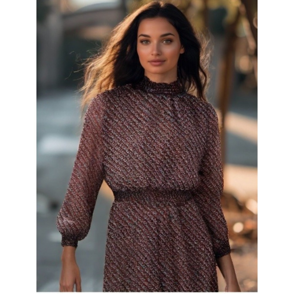 Avec Les Filles Print Dress Size Medium 8 Black Long Sleeve Higher Neck Ruffles